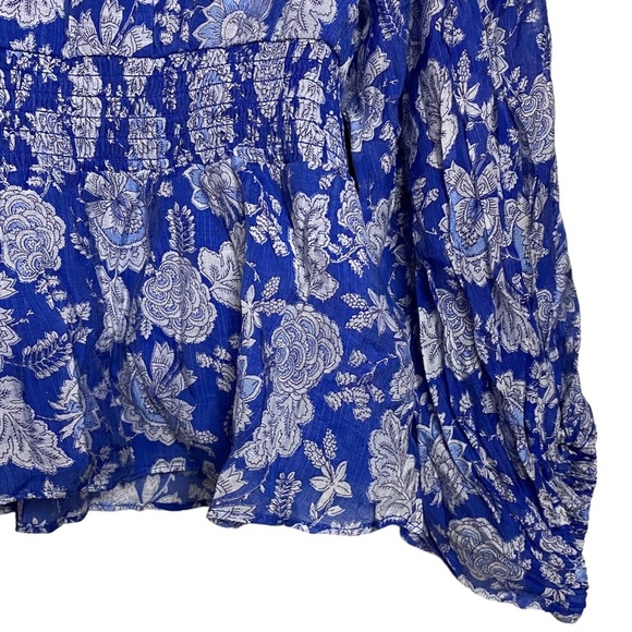 Vince Camuto Blue Gray Floral Print Smocked Waist Balloon Sleeve Peplum Small - Picture 10 of 16